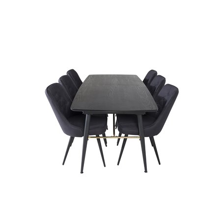 Gold Extention table - 180/220*85*H76 Black Veneer - Black legs - Brass details, Velvet Deluxe Dining Chair - Black Legs - Black
