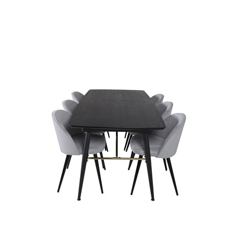 Gold Extention table - 180/220*85*H76 Black Veneer - Black legs - Brass details, Velvet Dining Chair Corduroy - Light Grey / Bla