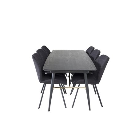 Gold Extention table - 180/220*85*H76 Black Veneer - Black legs - Brass details, Gemma Dining Chair - Black Legs - Black Fabric_