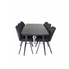 Gold Extention table - 180/220*85*H76 Black Veneer - Black legs - Brass details, Gemma Dining Chair - Black Legs - Black Fabric_