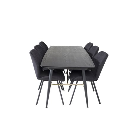 Gold Extention table - 180/220*85*H76 Black Veneer - Black legs - Brass details, Gemma Dining Chair - Black Legs - Black Fabric_