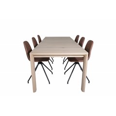 Slider Extention Table - White Wash - 170, 40, 40cm , Polar Dining Chair with Spin function - black Legs - Brown PU - White Stit