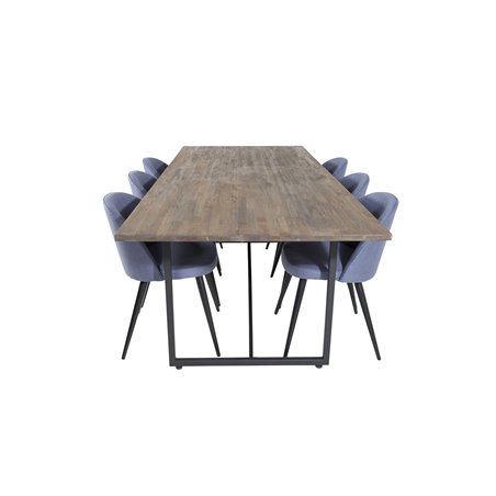 Padang Dining Table - 250*100*H76 - Dark Teak / Black, Velvet Dining Chiar - Black legs - Blue Fabric_6