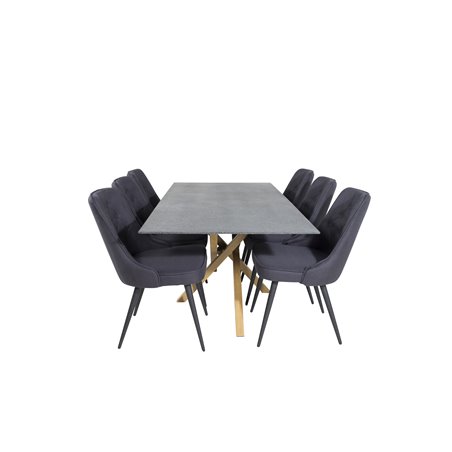 Piazza Dining Table - 180*90*75 - Spraystone / Oak, Velvet Deluxe Dining Chair - Black Legs - Black Fabric_6