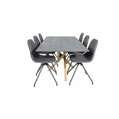 Piazza Dining Table - 180*90*75 - Spraystone / Oak, Polar Dining Chair with Spin function - black Legs - Black PU - Black Stitch