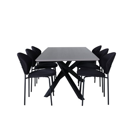 Piazza ruokapöytä, musta harmaa viilu + holviruokatuoli, mustat jalat, musta kangas_6