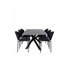 Piazza spisebord, sort grå finer + hvælving spisestuestol, sorte ben, sort stof_6