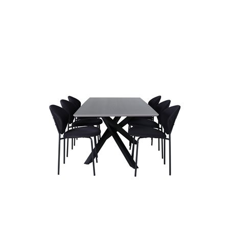 Piazza ruokapöytä, musta harmaa viilu + holviruokatuoli, mustat jalat, musta kangas_6