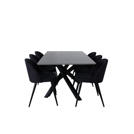 Piazza Dining Table , Black Grey Veneer+Velvet Dining Chiar , Black legs, Black Fabric_6
