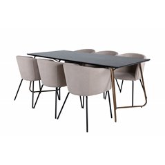 Pippi Dining Table , Distressed Copper Black Veneer+Berit Chair , Black Beige Fabric (Polyester linen )_6