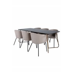 Pippi Dining Table , Distressed Copper Black Veneer+Berit Chair , Black Beige Fabric (Polyester linen )_6