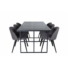 Leif Dining Table , Black Black smoked smoked Glass+Velvet Stitches Chair , Black Grey Micro Fibre_6