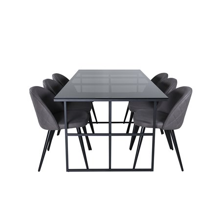 Leif Dining Table , Black Black smoked smoked Glass+Velvet Stitches Chair , Black Grey Micro Fibre_6