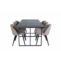 Leif Dining Table , Black Black smoked smoked Glass+Velvet Stitches Chair , Black Beige Fabric (Polyester linen )_6