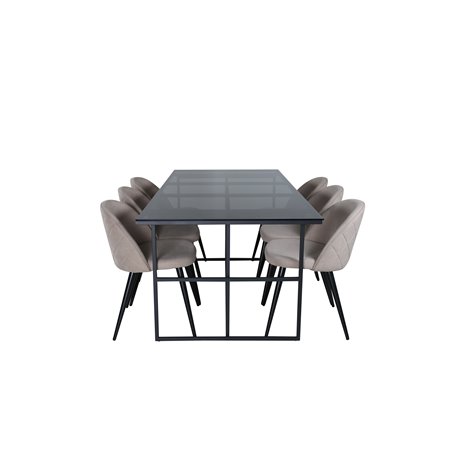 Leif Dining Table , Black Black smoked smoked Glass+Velvet Stitches Chair , Black Beige Fabric (Polyester linen )_6