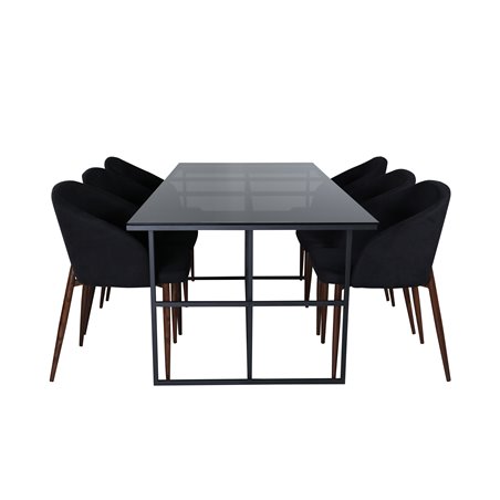 Leif Dining Table , Black Black smoked smoked Glass+Arch Dining Chair , Walnut Legs , Black Fabric_6