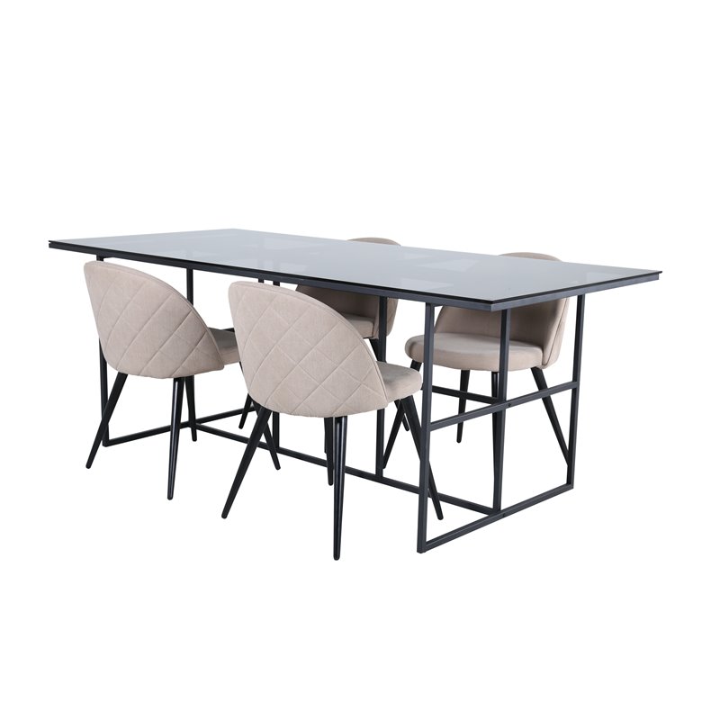 Leif Dining Table - Black / Black smoked smoked Glass+Velvet Stitches Chair - Black / Beige Fabric (Polyester linen )_4