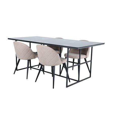 Leif Dining Table - Black / Black smoked smoked Glass+Velvet Stitches Chair - Black / Beige Fabric (Polyester linen )_4