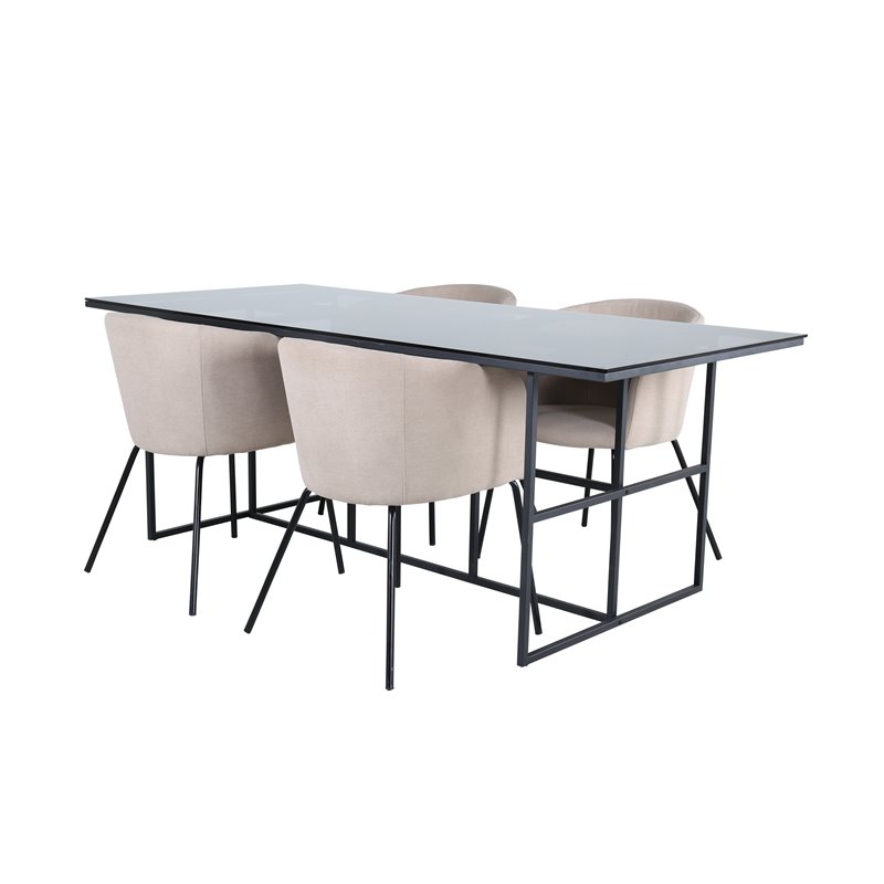 Leif Dining Table - Black / Black smoked smoked Glass+Berit Chair - Black / Beige Fabric (Polyester linen )_4