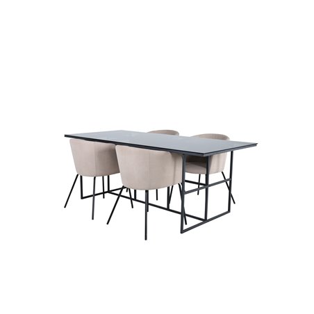 Leif Dining Table - Black / Black smoked smoked Glass+Berit Chair - Black / Beige Fabric (Polyester linen )_4