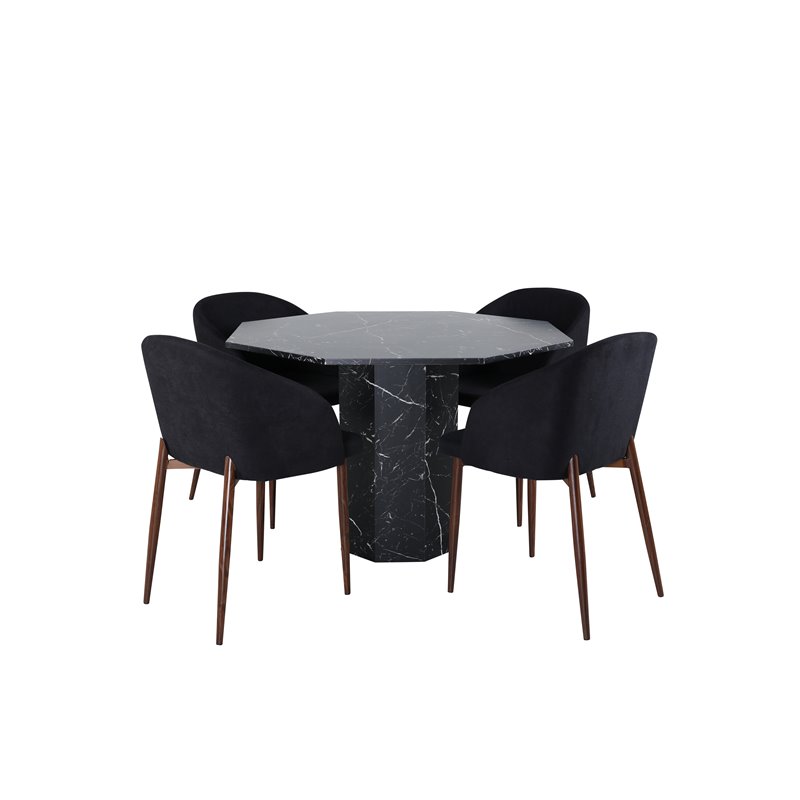 Marbs Round Dining Table , Black Black Glass Marble+Arch Dining Chair , Walnut Legs , Black Fabric_4