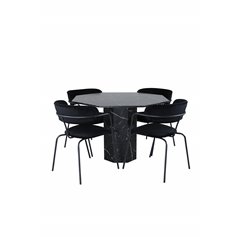 Marbs pyöreä ruokapöytä, musta musta lasimarmori + arrow nojatuoli, mustat jalat, musta sametti_4