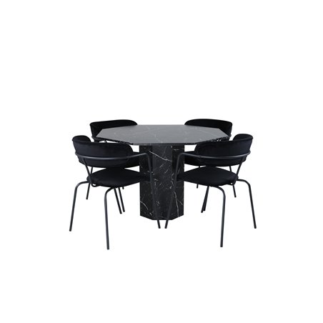 Marbs pyöreä ruokapöytä, musta musta lasimarmori + arrow nojatuoli, mustat jalat, musta sametti_4