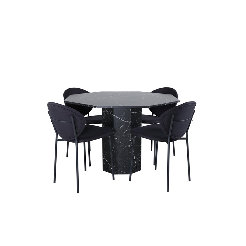 Marbs Round Dining Table , Black Black Glass Marble+Vault Dining Chair , Black Legs , Black Fabric_4