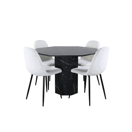 Marbs pyöreä ruokapöytä, musta musta lasimarmori + Polar Fluff ruokapöydän tuoli, mustat jalat, valkoinen nalle _4