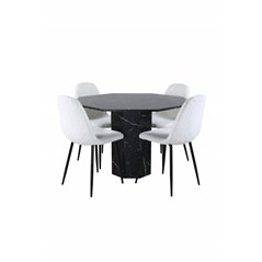Marbs Round Dining Table , Black Black Glass Marble+Polar Fluff Dining Chair , Black Legs , White Teddy _4