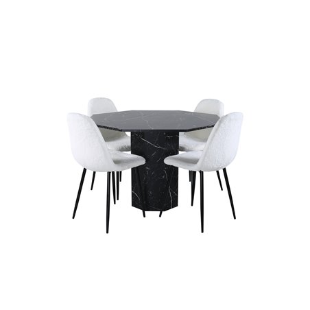 Marbs pyöreä ruokapöytä, musta musta lasimarmori + Polar Fluff ruokapöydän tuoli, mustat jalat, valkoinen nalle _4
