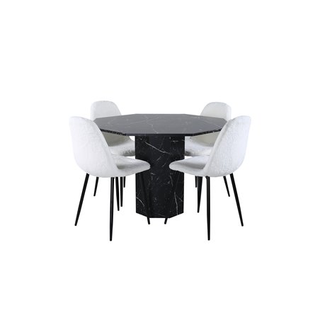 Marbs Round Dining Table , Black Black Glass Marble+Polar Fluff Dining Chair , Black Legs , White Teddy _4