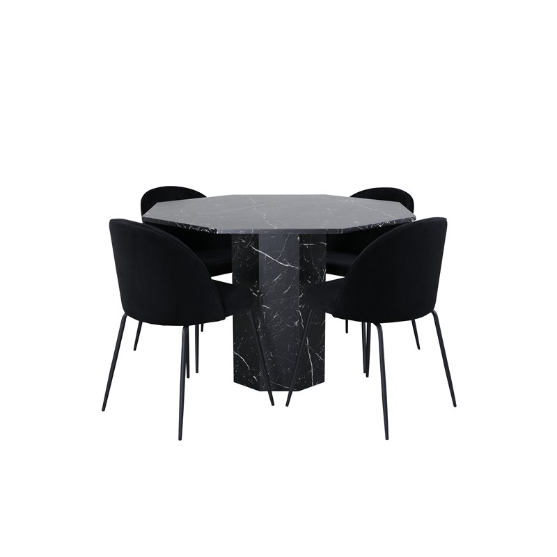 Marbs rundt spisebord, sort sort glas marmor + rynker spisestuestol, sorte ben, sort fløjl_4
