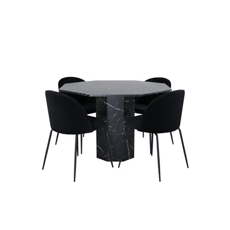 Marbs pyöreä ruokapöytä, musta musta lasimarmori + wrinkles ruokapöydän tuoli, mustat jalat, musta sametti_4