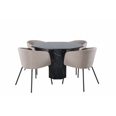 Marbs Round Dining Table , Black Black Glass Marble+Berit Chair , Black Beige Fabric (Polyester linen )_4