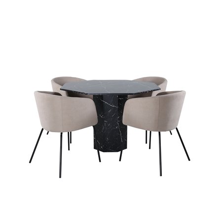 Marbs Round Dining Table , Black Black Glass Marble+Berit Chair , Black Beige Fabric (Polyester linen )_4