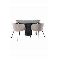 Marbs Round Dining Table , Black Black Glass Marble+Berit Chair , Black Beige Fabric (Polyester linen )_4