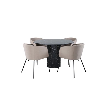 Marbs Round Dining Table , Black Black Glass Marble+Berit Chair , Black Beige Fabric (Polyester linen )_4
