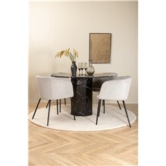 Marbs Round Dining Table - Black / Black Glass Marble+Berit Chair - Black / Light Grey Velvet_4