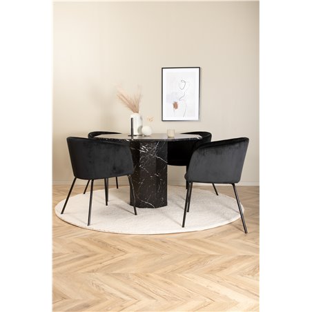 Marbs Round Dining Table - Black / Black Glass Marble+Berit Chair - Black / Black Velvet_4