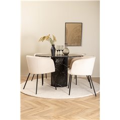 Marbs Round Dining Table - Black / Black Glass Marble+Berit Chair - Black / Beige Velvet_4