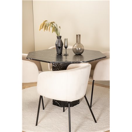 Marbs Round Dining Table - Black / Black Glass Marble+Berit Chair - Black / Beige Velvet_4