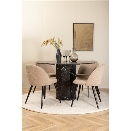Marbs Round Dining Table - Black / Black Glass Marble+Velvet Stitches Chair - Black / Beige Fabric (Polyester linen )_4