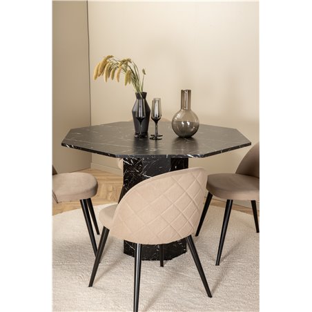 Marbs Rundt spisebord - Sort / Sort glasmarmor + Velvet Stitch es Chair - Sort / Beige stof (polyesterlinned) _4