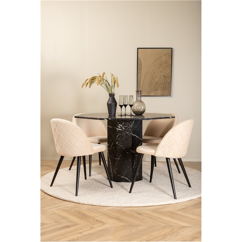 Marbs Round Dining Table - Black / Black Glass Marble+Velvet Stitches Chair - Black / Beige Velvet_4