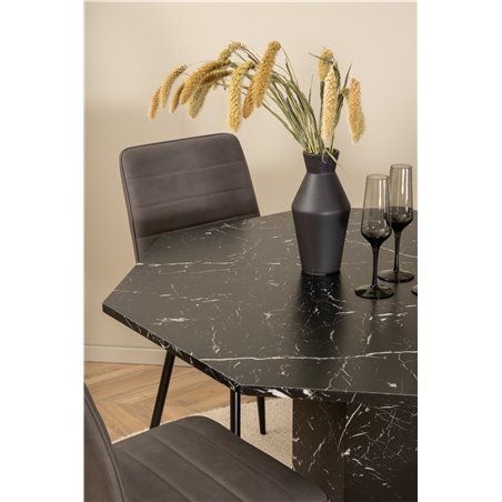 Marbs rundt spisebord - sort / sort glas marmor + Windu Lyx stol - sort / grå mikrofiber_4