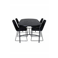 Skate Oval ruokapöytä, musta musta viilu + muce ruokatuoli, mustat jalat, musta kangas_4