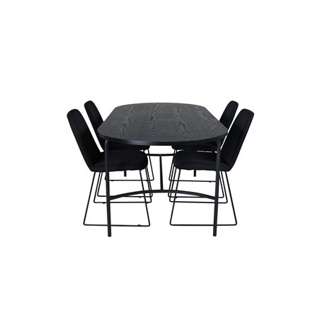 Skate Oval ruokapöytä, musta musta viilu + muce ruokatuoli, mustat jalat, musta kangas_4