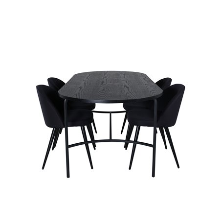 Skate Oval ruokapöytä, musta musta viilu + samettinen ruokapöytä, mustat jalat, musta kangas_4