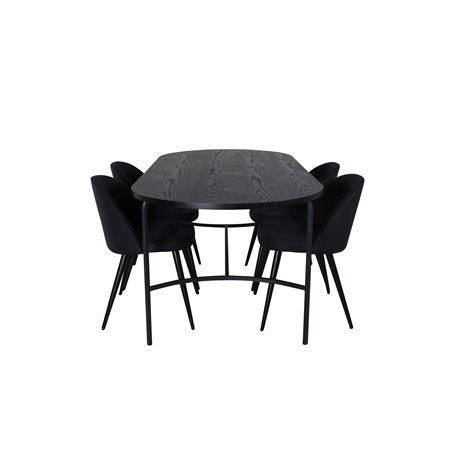 Skate Oval ruokapöytä, musta musta viilu + samettinen ruokapöytä, mustat jalat, musta kangas_4